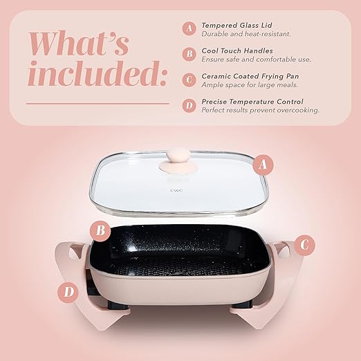 COOK WITH COLOR Electric Skillet - 12" x 12" Ceramic Nonstick Pan, PFAS-Free, 1400W, Tempered Glass Lid, Variable Temperature, Removable Heating Probe, Cool-Touch Handles, Blush