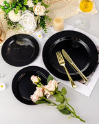BESTVIP 100PCS Black Plastic Plates, Disposable Party Plates with 50 Dinner Plates and 50 Dessert Plates, Plastic Plates for Party, Wedding Birthday and Halloween (Black, 100PCS)