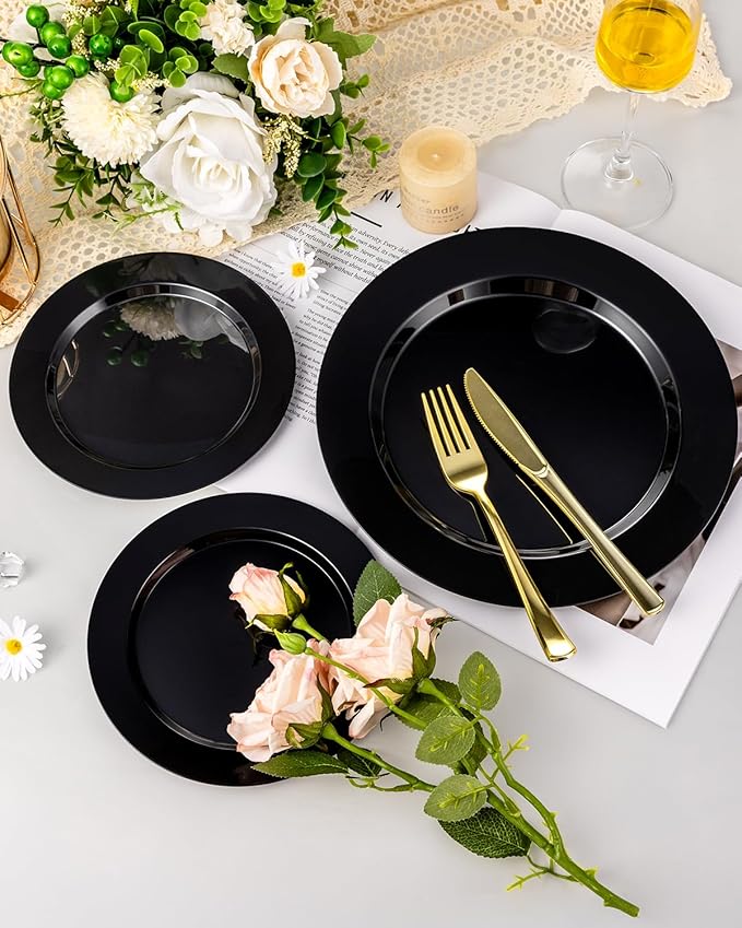 BESTVIP 100PCS Black Plastic Plates, Disposable Party Plates with 50 Dinner Plates and 50 Dessert Plates, Plastic Plates for Party, Wedding Birthday and Halloween (Black, 100PCS)