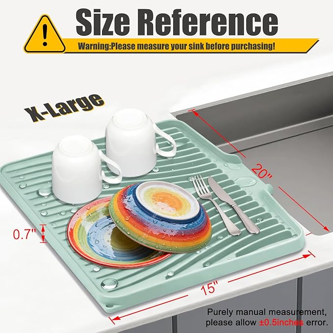 TIKNIK Silicone Dish Drying Mat, Stone Drying Mat for Kitchen Counter with Built-In Drain, Non-Slip Drain Pad with Built-in Drain, Heat Resistant Stone Drying Mat, Hangable, Mint-1pcs, 20" x 15"