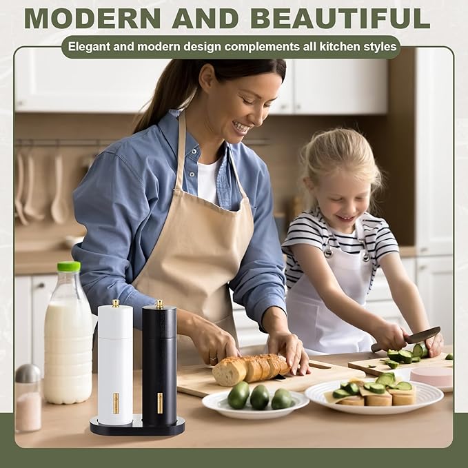 Wooden Salt and Pepper Grinder Set Manual Salt and Pepper Mill with Tray Adjustable Coarseness Refillable Wood Grinders with Gold Bottle Label for Kitchen (Black,White,8 Inch)