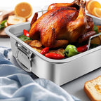 Roasting Pan,VBOYL 16" 3-Piece Roasting Pan Set: Deep Pan + Flat & V-Racks. Ideal for Turkey, Chicken, Veggies, Lasagna. Heavy-Duty, Non-toxic, Easy Clean, Dishwasher Safe.