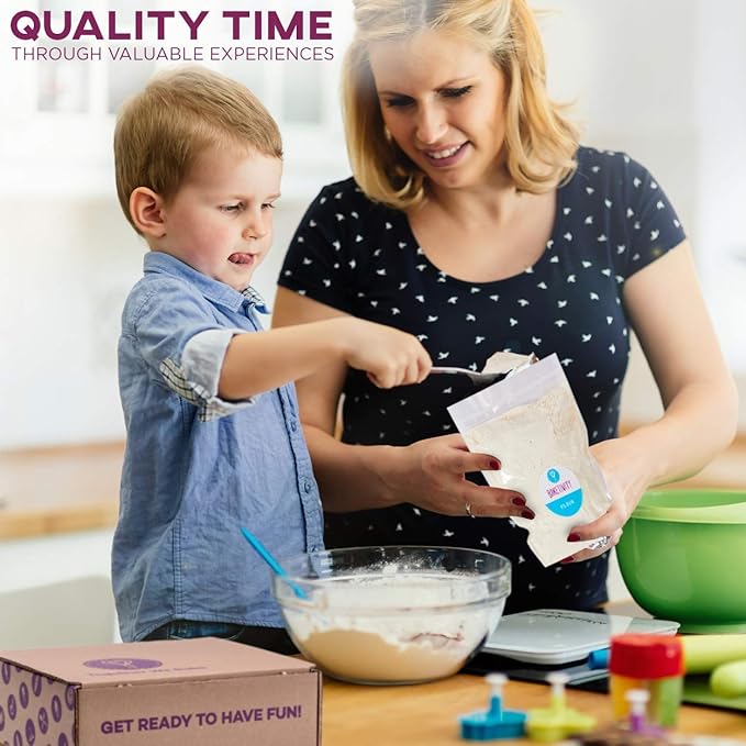 Baketivity Kids Baking Set, Meal Cooking Party Supply Kit for Teens, Real Fun Little Junior Chef Essential Kitchen Lessons, Includes Pre-Measured Ingredients (Kit + Hat & Apron, Bagels)