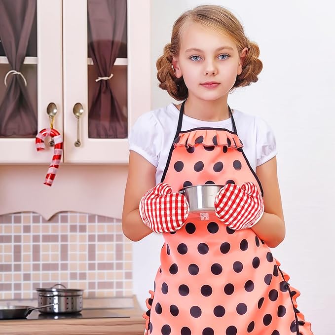 12 Pcs Kids Oven Mitts Toddler Oven Mitts Children Heat Resistant Kitchen Mitts Checkered Kitchen Oven Gloves Kids for Cooking Baking Microwave Child Play BBQ Grilling, Age 2-10(Red)