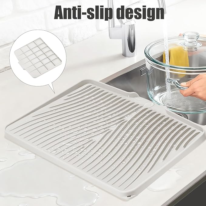 TIKNIK Silicone Dish Drying Mat, Stone Drying Mat for Kitchen Counter with Built-In Drain, Non-Slip Drain Pad with Built-in Drain, Heat Resistant Stone Drying Mat, Hangable, Cream-1pcs, 20" x 15"