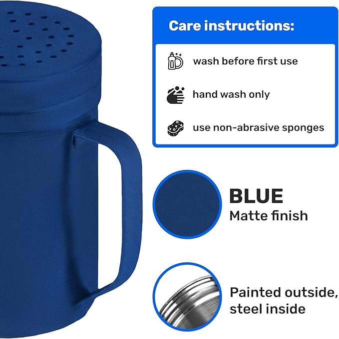 CUSINIUM 14oz Navy Blue Stainless Steel Salt Pepper Dredge Shakers - With Plastic Cap - With Handle - Pack of 2