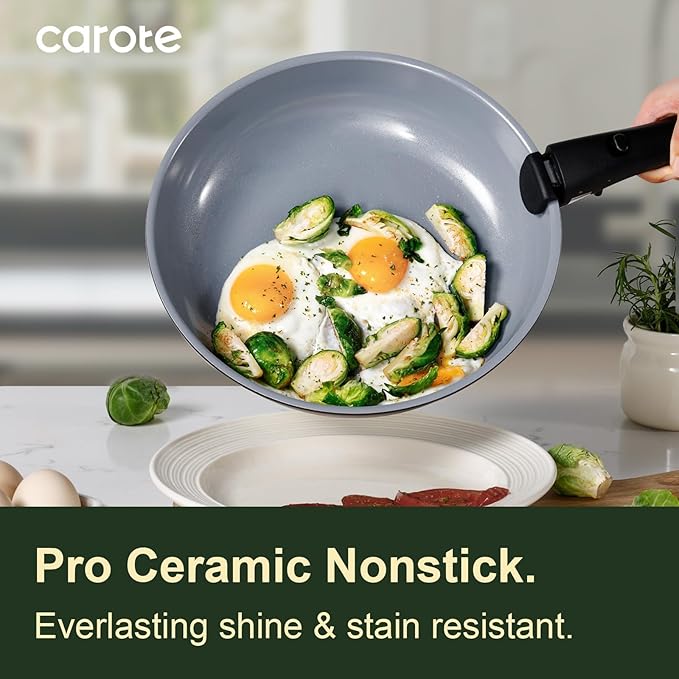 CAROTE 19PCS Ceramic Cookware Sets, Black and Gray, Pots and Pans Set Non Stick Non Toxic, Induction Cookware, Kitchen Cookware Sets, Pots Set for Healthy Cooking
