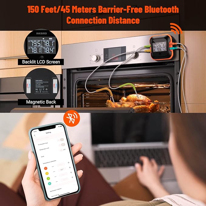 Inkbird 150ft Bluetooth Meat Thermometer with 4 Colored Probes, Temperature Graph Real-time Check & Download BBQ Grill Thermometer for Kitchen Food Smoker Thermometer IBT-24S, Rechargeable