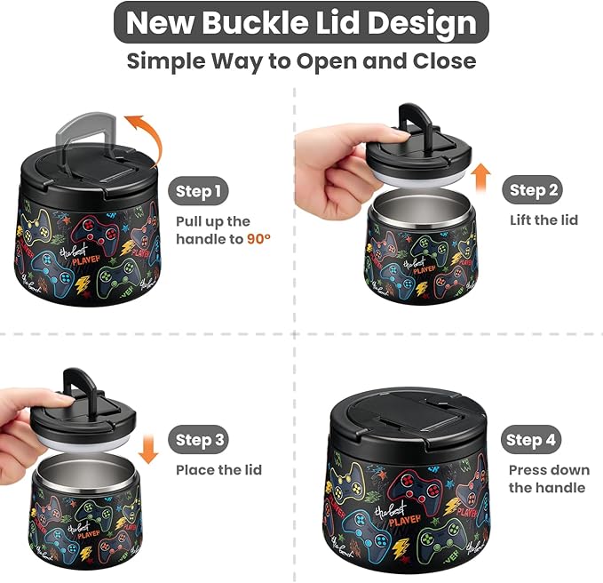 14oz Insulated Vacuum Food Jar with Buckle Lid,Soup Thermo for Hot Food Kids,Wide Mouth Leakproof Stainless Steel Lunch Container with Spoon-Black Game