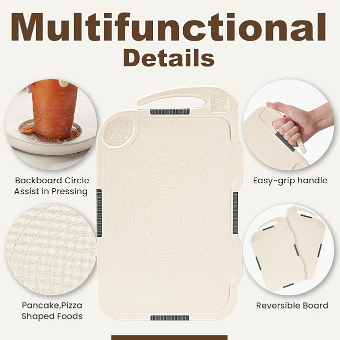 Glotoch Cutting Boards for Kitchen Set of 4, Wheat Straw Chopping Board Dishwasher Safe, BPA Free, Non Slip, 16"X10" Colored Reversible Cutting Board with Stand, Food Icons, Grinder Plate