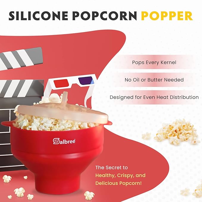 The Original Salbree Collapsible Silicone Microwave Popcorn Popper Maker Machine, Microwavable Bowl Holds 16 Cups, Uses Hot Air and Oil Always Optional - The Most Colors Available (Clear Red)