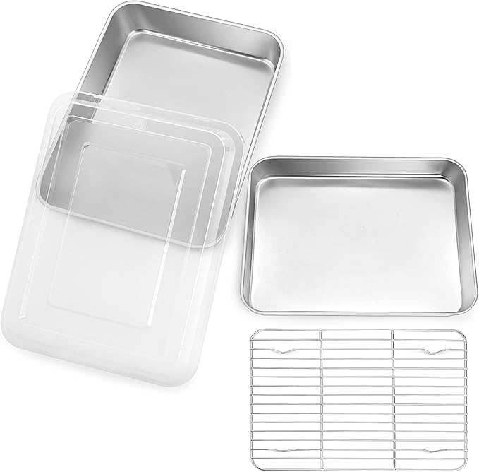 TeamFar Toaster Oven Pans, 10.5’’ x 8’’ Stainless Steel Small Bakeware with Rack & Lid for Baking Cooling Storing, Non-Toxic & Heavy Duty, Deep & Visible Lid, Dishwasher Safe-4 PCS