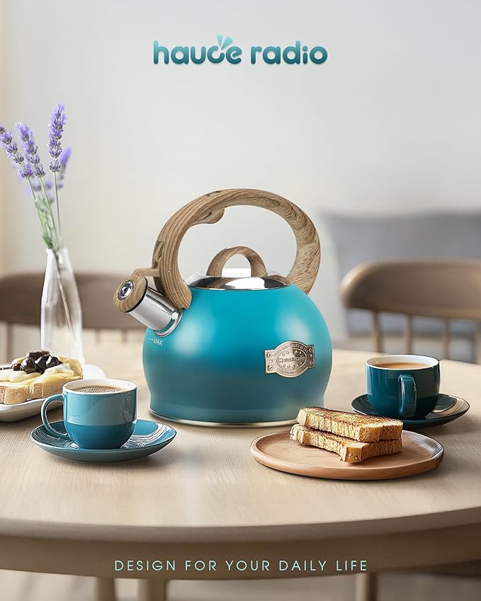 Hauce Radio Tea Kettle, Whistling Stovetop Teapot Food Grade Stainless Steel Tea Kettles for Stove Top with Anti-hot Ergonomic Handle,Kettle Spout for Tea, Coffee or Milk, 2.1 Quart Tea Pots