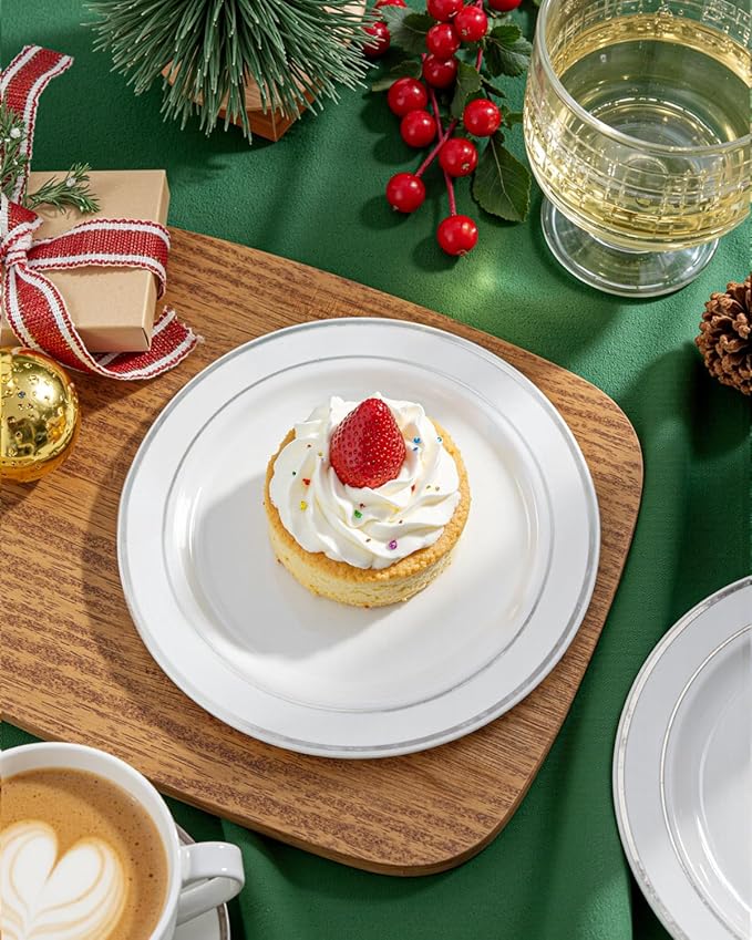 bUCLA 100Pieces Silver Plastic Plates - 6.25inch White with Silver Rim Disposable Salad/Dessert/Appetizer/Small Cake Plates for Weddings, Christmas, Parties&Gathering