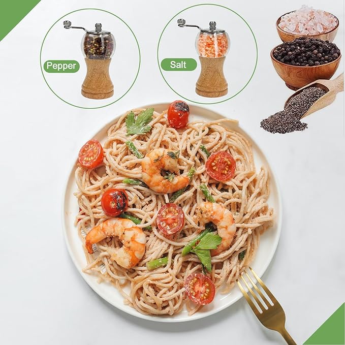 Wooden Acrylic Grinder Set, Hand Crank Salt and Pepper Mill with Handle, Ceramic Blade Grinding, Adjustable Coarse, Grinder for Kitchen,Pack of 2, Wood Colour