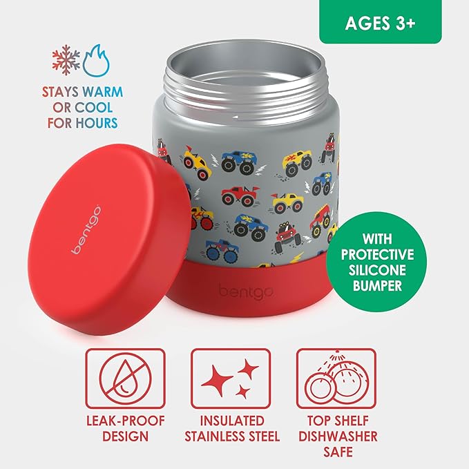 Bentgo Kids Stainless Steel Food Jar - 11oz Leak-Proof Double Insulated Hot or Cold Food Container with Removable Silicone Bumper, Dishwasher Safe, Easy Open Lid, Ages 3+ (Trucks)