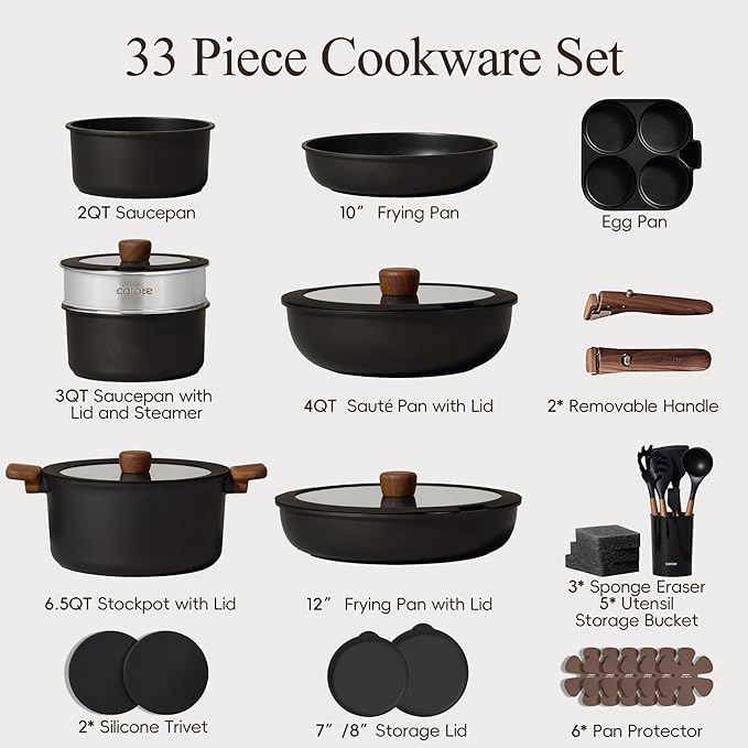 CAROTE 33pcs Pots and Pans Non Stick, Cookware Sets Detachable Handle, Induction Kitchen Pots and Pans,NonStick Cooking Set, Oven/Dishwasher/Fridge Safe, Space Saving