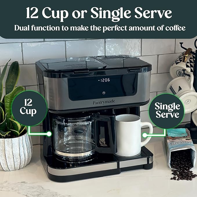 Pantrymade Dual Brew Coffee Maker | 12 Cup Glass Carafe & Single Serve K-Cup Combo | Programmable Touchscreen Coffee Machine for Ground Coffee or Pods | Auto Shut-Off, Black