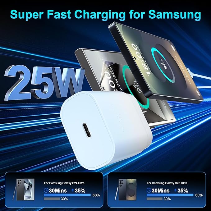 Super Fast Charger Type C, 25W USB C Wall Charger Fast Charging for Samsung Galaxy S25 Ultra/S25/S25+/S24+/S24 Ultra/S24/S24+/S23 Ultra/S22 Ultra/S21 Ultra with 10FT Long Type C Charger Cable 2Pack