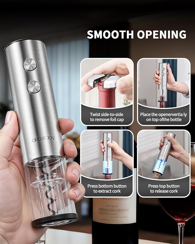 CIRCLE JOY Electric Wine Bottle Opener Set Stainless Steel Rechargeable Wine Opener 8-in-1 Wine Gift Set with Charging base, Foil Cutter, Wine Aerator Pourer, Vacuum Pump & 2 Wine Stoppers