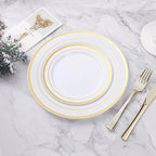 BESTVIP 100PCS Gold Plastic Plate, Disposable Party Plates with 50 Dinner Plates and 50 Dessert Plates, Plastic Plate for Parties, Wedding and Birthday