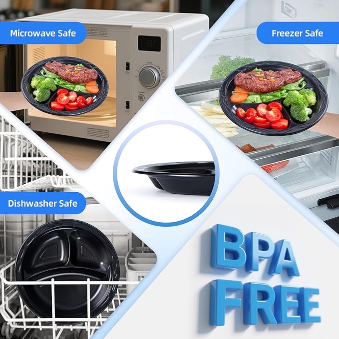 YANGRUI Disposable Plates 10" 150 Pack - Shrink Wrap BPA Free Mineral Filled PP Reusable Microwave Safe | Calcium Carbonate Reinforced Freezer Ready | Commercial Black 3 Compartment Plastic Plate