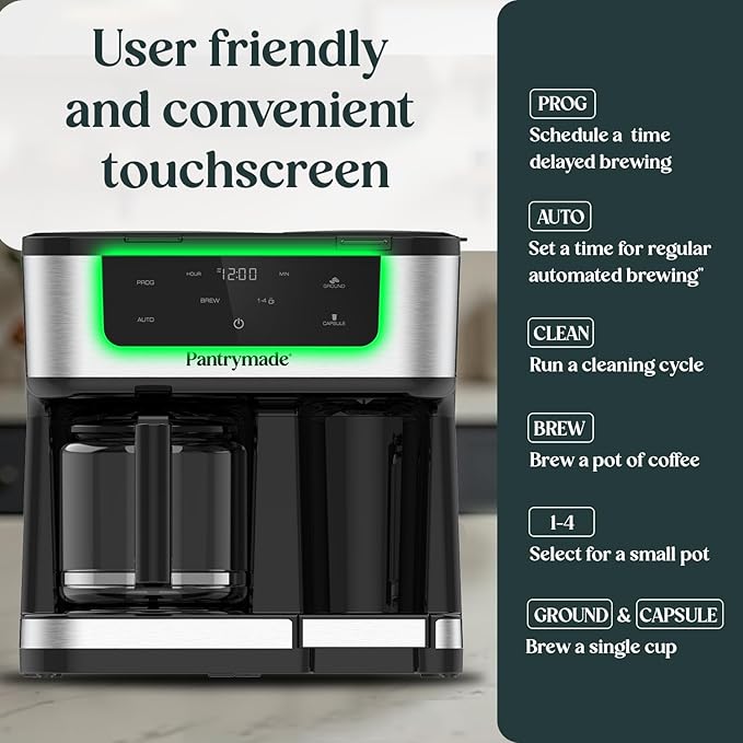 Pantrymade Dual Brew Coffee Maker | 12 Cup Glass Carafe & Single Serve K-Cup Combo | Programmable Touchscreen Coffee Machine for Ground Coffee or Pods | Auto Shut-Off, Black