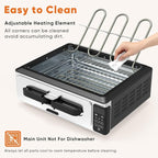 OLIXIS Electric Grill Indoor for Steak and Veggies, Smokeles Griddle with Lid for Kitchen Cooking, Countertop Oven Includes Temp Control/Grill Plate/Splash Guard/Crumb Tray, Black/Silver