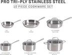 T-fal Pro Tri-Ply Stainless Steel Cookware Set, 10 Piece-Induction Compatible, Oven Safe 500F, Lids-350F, Even Heat, Professional Quality, Durable, Induction Pots and Pans Set, Silver