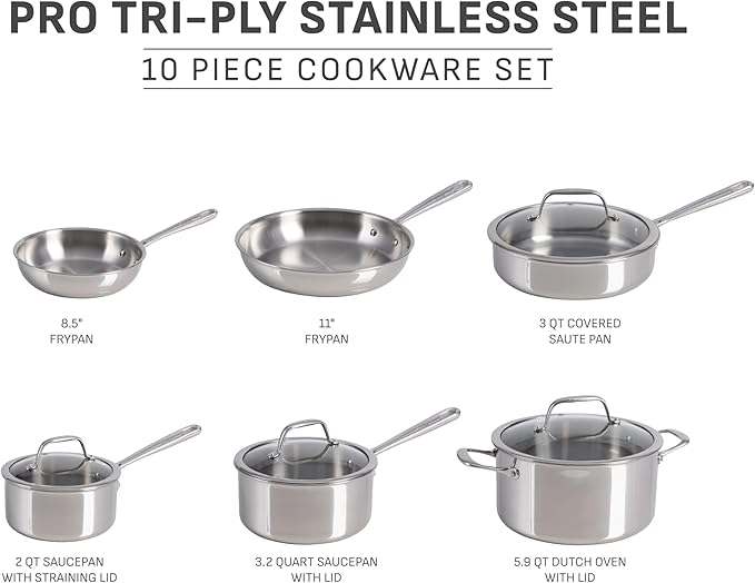 T-fal Pro Tri-Ply Stainless Steel Cookware Set, 10 Piece-Induction Compatible, Oven Safe 500F, Lids-350F, Even Heat, Professional Quality, Durable, Induction Pots and Pans Set, Silver