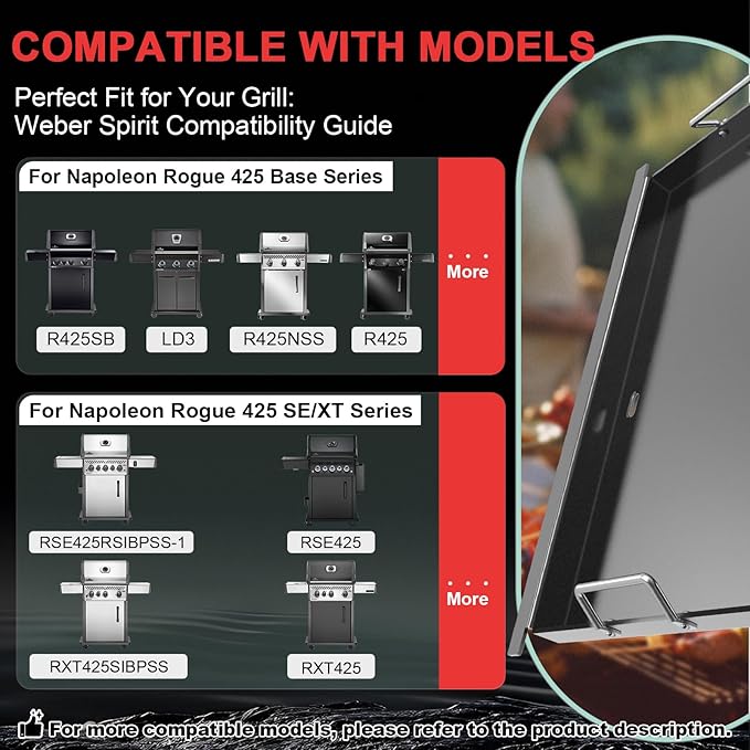Flat Top Griddle Insert for Napoleon Rogue 425 Series, Carbon Steel Griddle Plate Replacement for Napoleon R425, R425-1, R425-2, 425SB, COS425SBPK, R425NSS, R425SIB, Replace Part S83013, 22.8''X17.7''