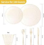 Goodluck 600 Piece Gold Glitter Disposable Plates for 100 Guests, Plates for Party, Wedding, Dinnerware Set of 100 Dinner, 100 Salad Plates, 100 Spoons, 100 Forks, 100 Knives, 100 Cups