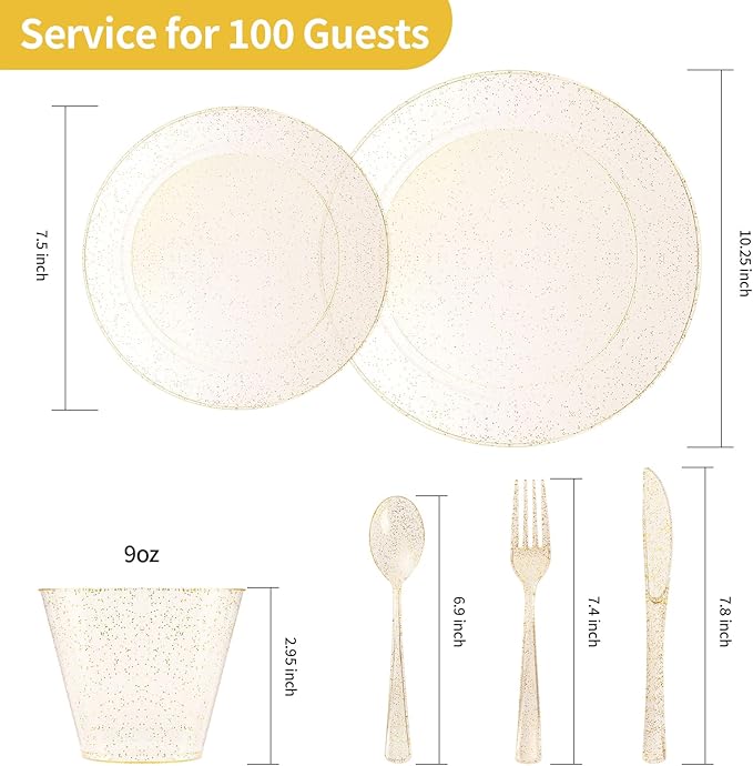 Goodluck 600 Piece Gold Glitter Disposable Plates for 100 Guests, Plates for Party, Wedding, Dinnerware Set of 100 Dinner, 100 Salad Plates, 100 Spoons, 100 Forks, 100 Knives, 100 Cups