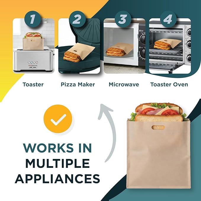 Reusable Toaster Bags for Sandwiches – Non-Stick Toaster Oven Bags for Grilled Cheese, Paninis, Wraps & Breakfast – Keeps Toasters Clean, Crumb-Free, Mess-Free Cooking - 8 Pack