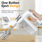 Hand Mixer Electric, 450W Kitchen Mixers with Scale Cup Storage Case, Turbo Boost/Self-Control Speed + 5 Speed + Eject Button + 5 Stainless Steel Accessories, For Easy Whipping Dough, Cream, White