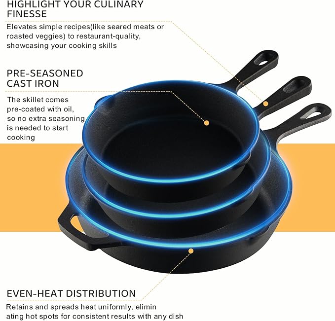 EWFEN Cast Iron Skillet 3-Piece Set, Heavy-Duty Professional Restaurant Chef Quality Pre-Seasoned Pan Cookware Set, 6", 8", 10" Pans For Frying, Saute, Cooking, Use Indoor/Outdoor, Oven, Grill