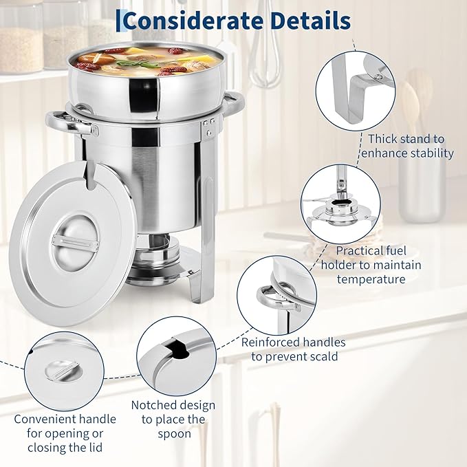 GarveeHome 11QT Soup Chafer Set of 4, Stainless Steel Round Soup Warmer with Pot, Notched Lids & Fuel Holders, Commercial Food Warmer for Buffets, Events and Party Service