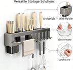 SEIDO Carbon Steel Utensil Rack – Space-Saving 16" L Kitchen Organizer with hooks & hanging bar, Gunmetal Gray Knife Holder, 2 Installation Options (Adhesive/Screwed)