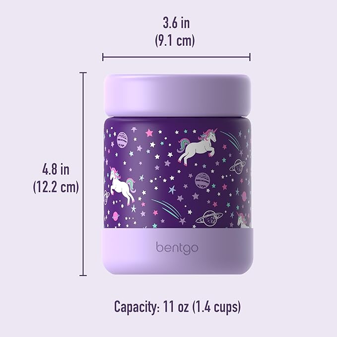 Bentgo Kids Stainless Steel Food Jar - 11oz Leak-Proof Double Insulated Hot or Cold Food Container with Removable Silicone Bumper, Dishwasher Safe, Easy Open Lid, Ages 3+ (Unicorn)