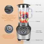 JUSANTE Blender with 64 oz Glass Jar - 1200W High Speed Juicer Blender for Smoothies, Shakes & Frozen Drinks (Black)