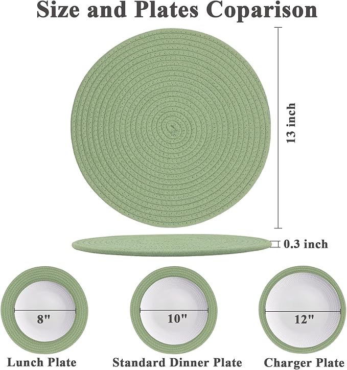 Round Placemats Set of 6, Cotton Rope Woven Table Mats, Hot Pads for Kitchen, Non Slip Heat Resistant Place Mats, 13 Inches Braided Placemat for Farmhouse Decor and Kitchen Table Decor (Green)