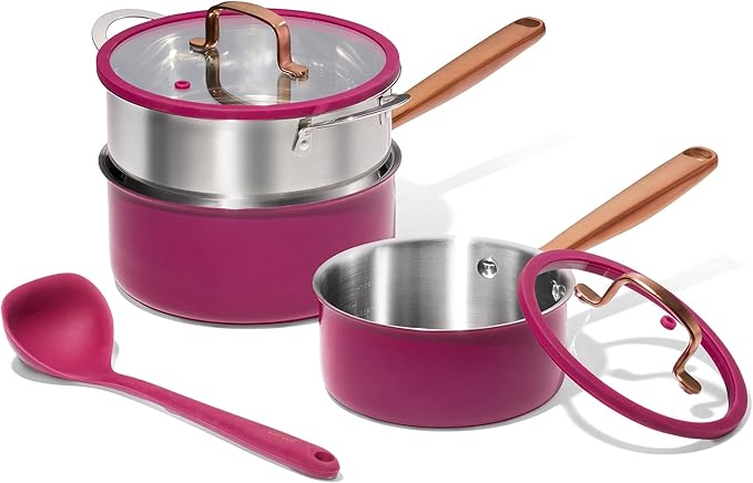 CAROTE 1.5Qt & 3.0Qt Stainless Steel Saucepan Set with Steamer & Ladle, Non-Toxic 3-Ply Stainless Steel Pot with Lids, Small Pots for Cooking, Oven Safe, Induction Compatible Cookware, Purple