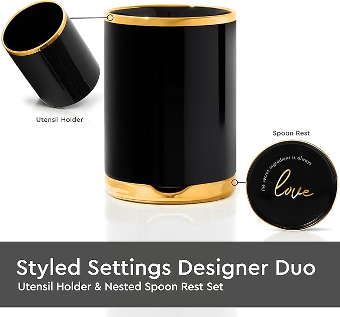 STYLED SETTINGS Black and Gold Utensil Holder with Built-in Spoon Rest - 2 PC Large Ceramic Utensil Holder Includes Black & Gold Spoon Rest - Luxury Kitchen Accessories - Utensils Not Included
