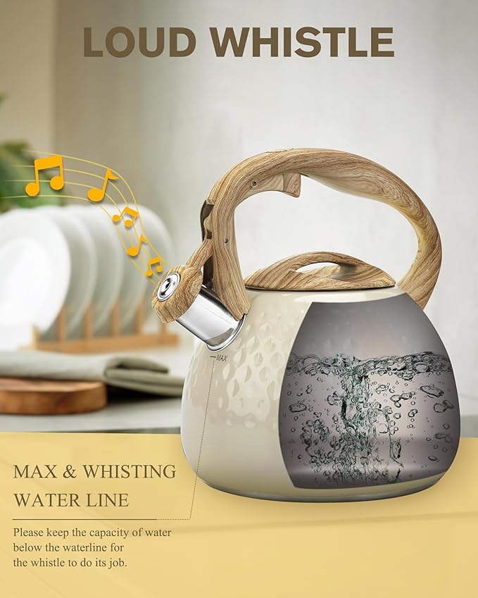 Hauce Radio Tea Kettle Stovetop Teapot, 2.5 Quart Loud Whistle Food Grade Stainless Steel and Smooth Wood Pattern Handle, Sophisticated Look for Hiking, Picnic, for Tea, Coffee Milky White
