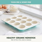 GreenPan Bakewell 12-Cup Muffin Pan, Healthy Ceramic Nonstick Bakeware, PFAS-Free Cupcake Mold, Durable Baking Tray, Versatile Kitchen Essentials, Easy Clean Ovenware, Turquoise