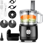 Davivy 7-Cup Food Processor with Built-in Storage Drawer | 600W Motor, 10-Blade Set for French Fries, Wavy Slicing, Dough Kneading | 3-Speed Compact Chopper for Home Kitchen Meal Prep, Black