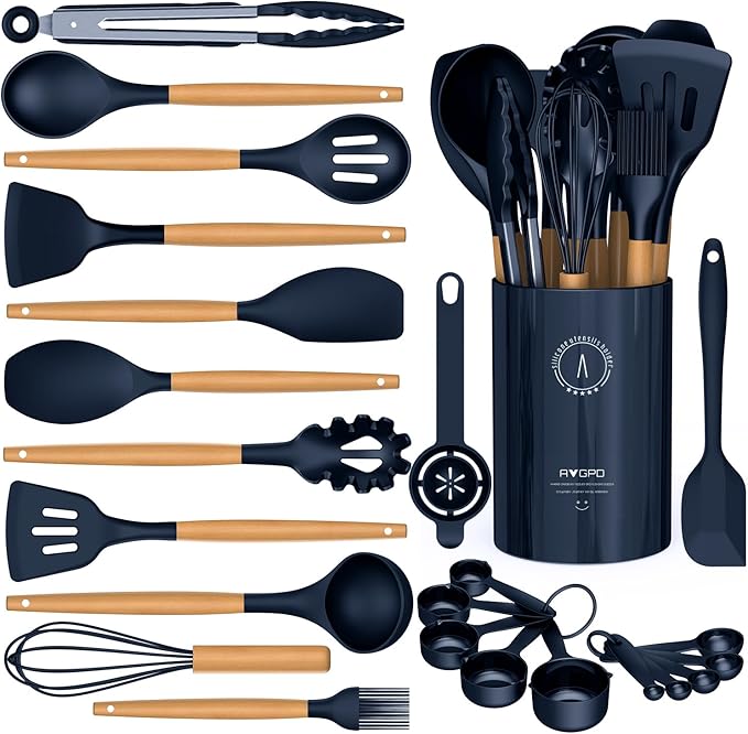 Silicone Cooking Utensils Set - AVGPD Silicone Kitchen Utensils for Cooking Wooden Handles, 446°F Heat Resistant Kitchen Utensil Spatula Sets, Gadgets for Non-Stick Cookware BPA FREE (Navy Blue)