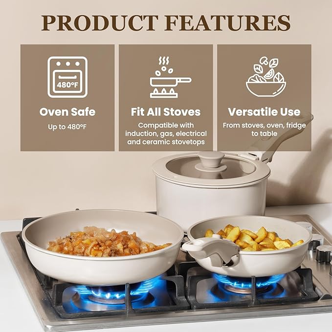 KIKCOIN Nonstick Pots and Pans Set, 20 Pack Ceramic Cookware Set with Detachable Handle, Induction RV Kitchen Cooking Set with Removable Handle, Frying Pans - Dishwasher/Oven Safe, PFOA Free