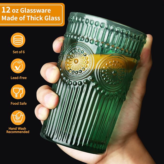 Loivttvv 6pcs Vintage Drinking Glasses Set, 12 oz Atroviens Highball Glasses, Embossed Ribbed Glassware Cups for Cocktail, Water, Juice, Coffee, Whiskey