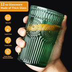 Loivttvv 6pcs Vintage Drinking Glasses Set, 12 oz Atroviens Highball Glasses, Embossed Ribbed Glassware Cups for Cocktail, Water, Juice, Coffee, Whiskey
